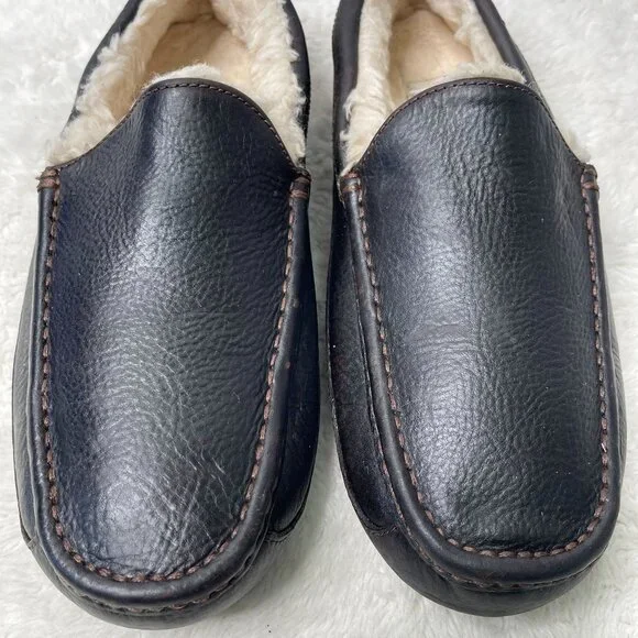 UGG #5379 Men's Black Ascot Leather Slipper Moccasins Shoes Size 12 - Picture 8 of 12
